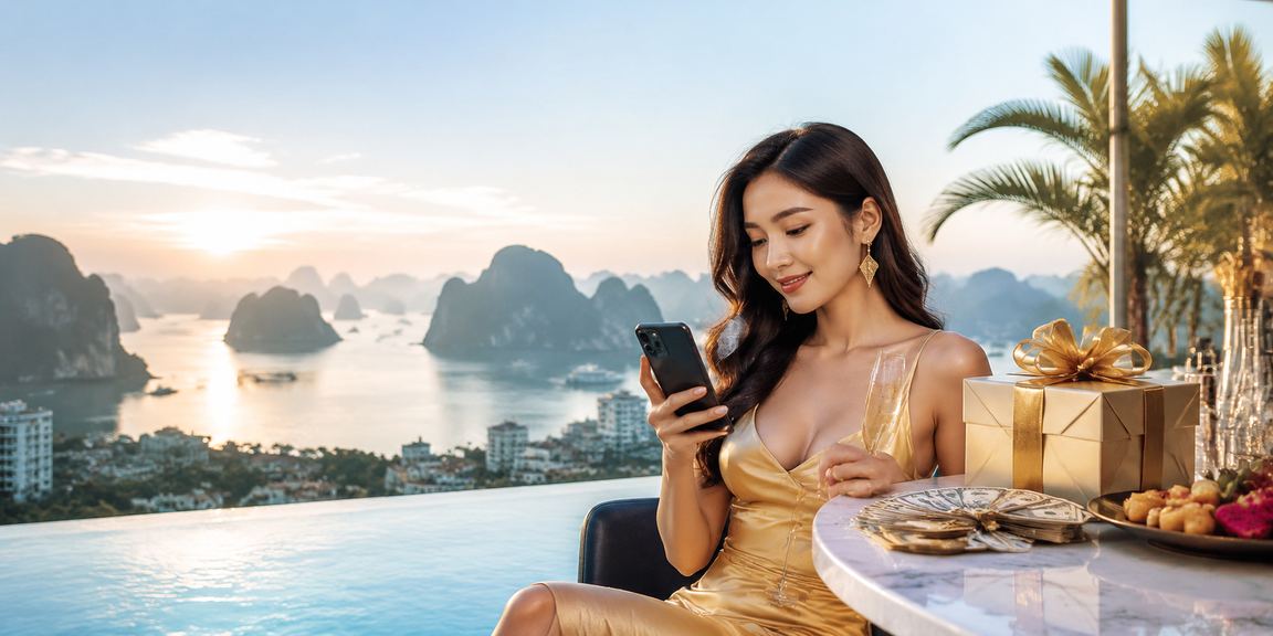 Người dùng Việt Nam trải nghiệm casino trực tuyến trên điện thoại với cảnh Hạ Long Bay phía sau