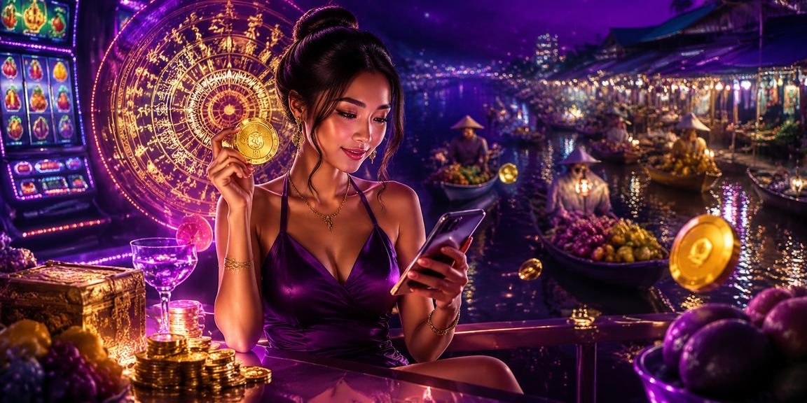 Màn hình slot game neon sặc sỡ lấy cảm hứng từ vùng đồng bằng sông Cửu Long với hiệu ứng ánh sáng rực rỡ